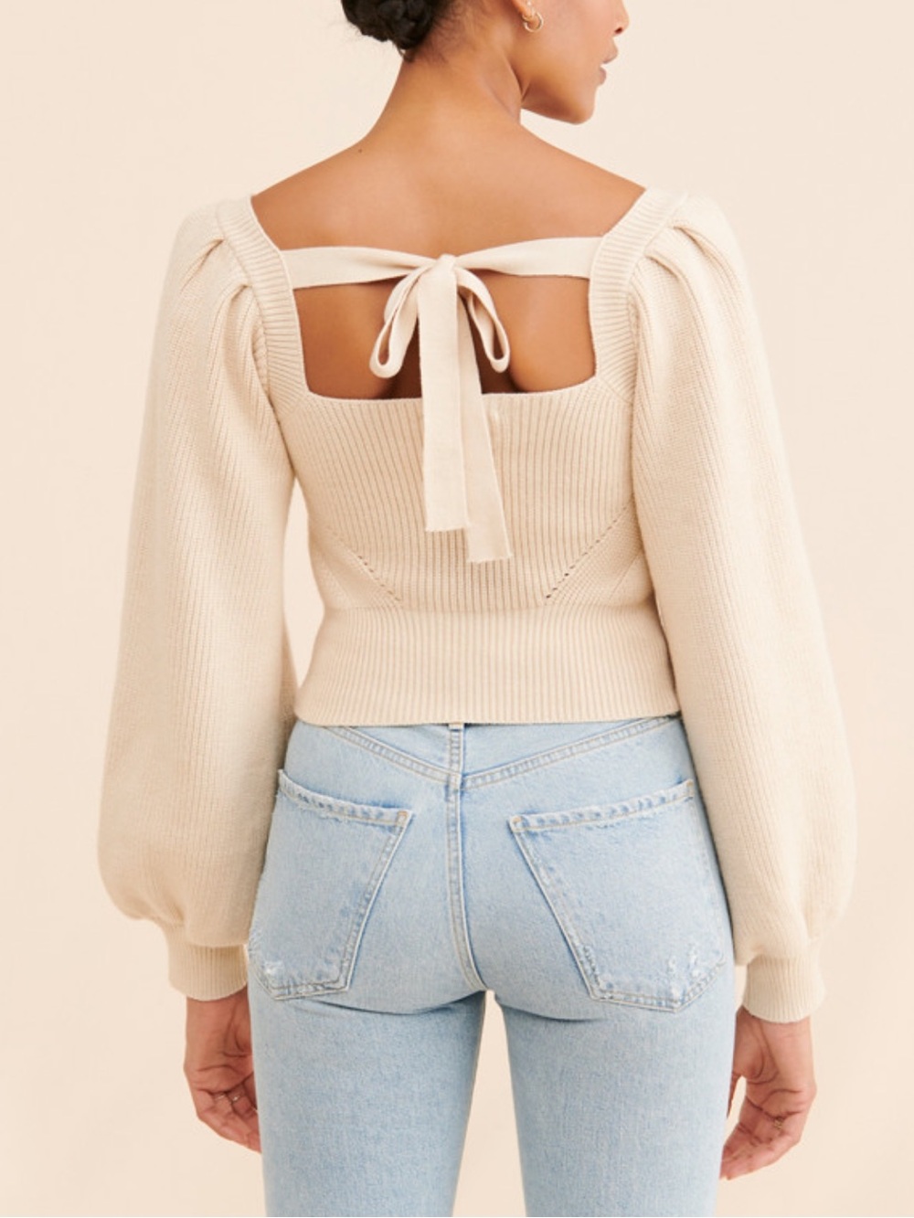 Bluivy Cream Off-the-Shoulder Puff-Sleeve Knit Sweater